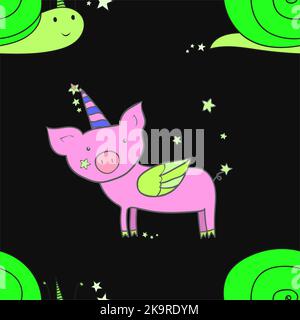 Seamless pattern. Snail and pig with wings and horn. Cute cartoon character. Design element. Decorative background. Stock Vector