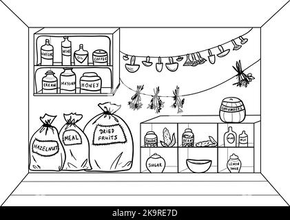 Cartoon pantry with food and drinks. Vector illustration. Stock Vector