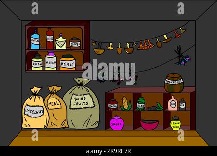 Cartoon pantry with food and drinks. Vector illustration. Stock Vector