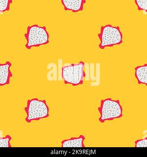 Seamless texture. Decorative background design with summer dragon fruits or pitaya slices. Colorful vector pattern for textile, stationery, wallpaper, Stock Vector