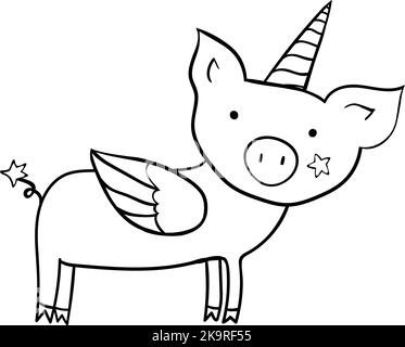 Pig with wings and horn. Cute cartoon character. Design element. Coloring book page for children. Stock Vector