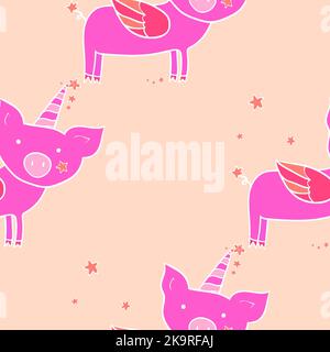Seamless pattern. Decorative background. Pig with wings and horn. Cute cartoon character. Design element. Stock Vector