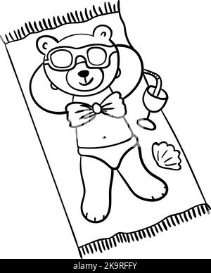 Hand drawn sketched illustration of cartoon bear. Funny animal in sun glasses sunbathe on plaid with cocktail. Coloring book, card, poster element. Stock Vector