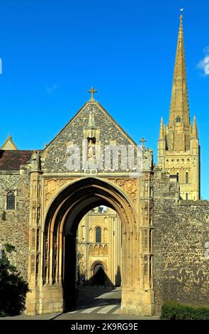 Norwich, Erpingham Gate, and Cathedral Spire, medieval architecture, English Cathedrals, Norfolk, England Stock Photo