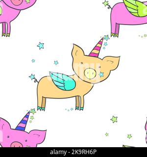 Seamless pattern. Decorative background. Pig with wings and horn. Cute cartoon character. Design element. Stock Vector