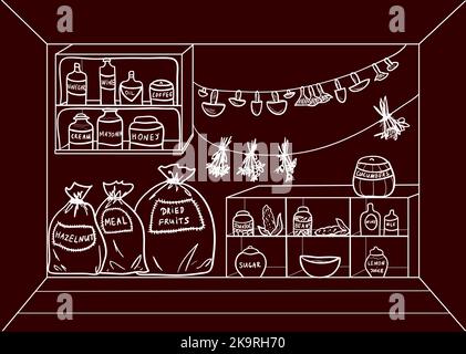 Cartoon pantry with food and drinks. Vector illustration. Stock Vector