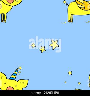 Seamless pattern. Decorative background. Pig with wings and horn. Cute cartoon character. Design element. Stock Vector