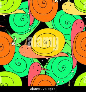 Seamless pattern. Snails with horn. Cute cartoon characters. Design element. Decorative background. Stock Vector