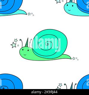Seamless pattern. Snail with horn. Cute cartoon character. Design element. Decorative background. Stock Vector