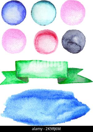 Dotted shape set. Watercolor effect. Colorful circles, stains and ribbon. Stock Vector