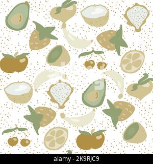 Seamless texture. Decorative background design with banana, avocado, cherry, strawberry, lime, kiwi, apple and coconut summer fruits. Colorful vector Stock Vector