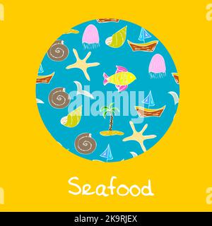 Seafood label, sign or stamp on yellow background Stock Vector