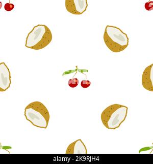 Seamless texture. Decorative background design with coconut and cherry summer fruits. Colorful vector pattern for textile, stationery, wallpaper, wrap Stock Vector