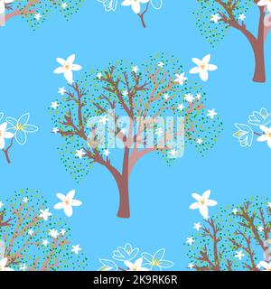 Seamless pattern with floral and herbal elements. Decorative texture of blooming spring trees for wallpaper, textile, stationery, scrapbook, web, wrap Stock Vector