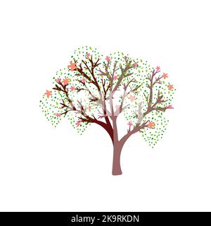 Blooming spring tree with green leaves and pink flowers silhouette on white background. Vector illustration. Stock Vector
