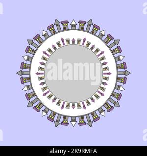 Decorative frame with ornamental houses. Buildings in circle. Hand-drawn house images in doodle style. Stock Vector