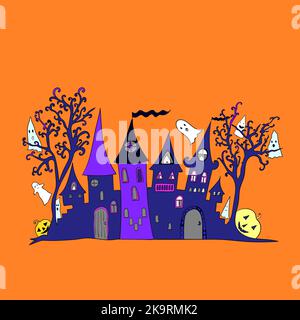 Happy halloween background with haunted house, trees and cute ghosts. Vector illustration for advertisement, card, flyer, poster. Stock Vector