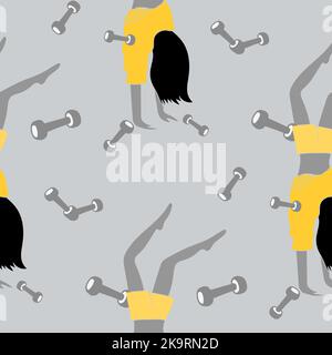 Seamless pattern. Woman with red hair in blue dress doing her headstands. Sport fitness colorful background with dumbbells. Stock Vector