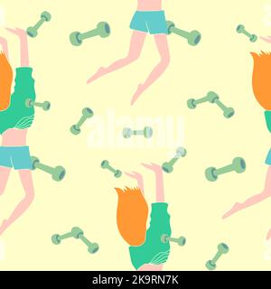 Seamless pattern. Woman with red hair in blue dress doing her headstands. Sport fitness colorful background with dumbbells. Stock Vector