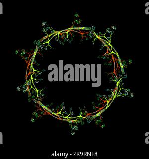 Decorative frame from tree branches drawn in ethnic style on black background. Colorful design element for sticker, scrapbook, cards. Stock Vector