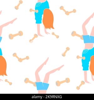 Seamless pattern. Woman with red hair in blue dress doing her headstands. Sport fitness colorful background with dumbbells. Stock Vector