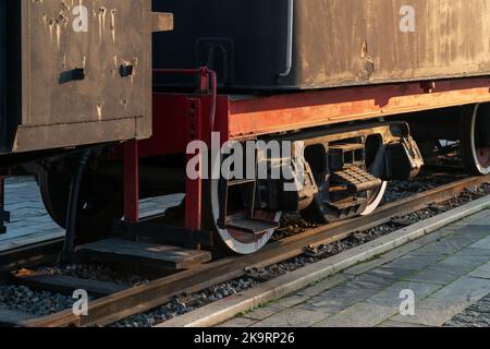 Train Car Undercarriage, passenger train, freight train. Stock Photo