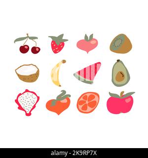 Set of cute hand drawn fruits. Banana, pitaya, watermelon slice, kiwi, avocado, peach, strawberry, cherry, coconut, apple and peach fruits on white ba Stock Vector