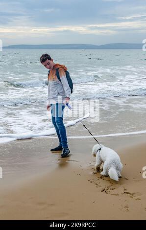 A boy walks his small, white cavapoo do along the water's edge on Bournemouth Beach in Dorset, UK. The dog is a little afraid of the sea. Stock Photo