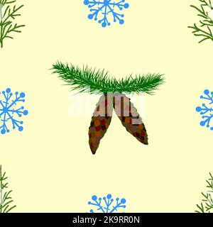 Abstract seamless new year and christmas background with fir-tree, snowflakes and cones Stock Vector