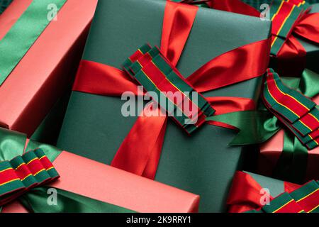 a lot of red and green boxes Stock Photo