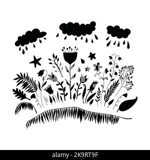 Illustration in cartoon style of cloud with rain drops and flowers. Decorative background for textile, clothing, stationery, scrapbook, web. Black sil Stock Vector