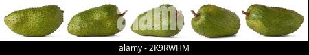 cherimoya, annona muricata, irregular and oblong shaped large edible fruit also known as custard apple or soursop, sweet taste tropical fruit on white Stock Photo