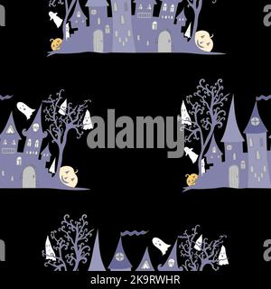 Happy halloween seamless background with haunted house, trees and cute ghosts. Vector illustration. Decorative pattern for advertisement, card, flyer, Stock Vector