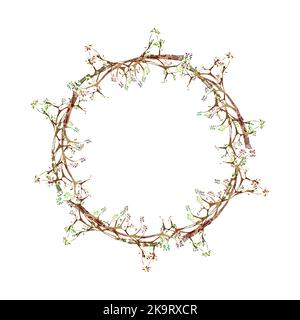 Decorative frame from tree branches drawn in ethnic style. Colorful design element for sticker, scrapbook, cards. Stock Vector