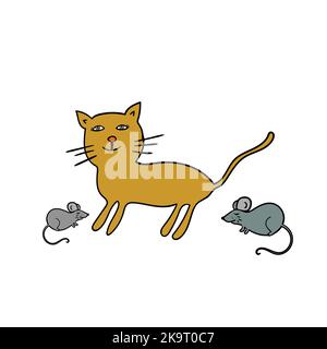 Cat and mouse illustration. Funny cartoon style animals. Stock Vector