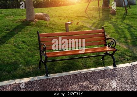 Wooden bench in the city park Stock Photo