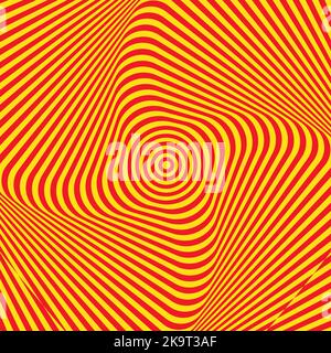 Abstract twisted colorful background. Optical illusion of distorted surface. Twisted red and yellow stripes. Vector illustration. Stock Vector