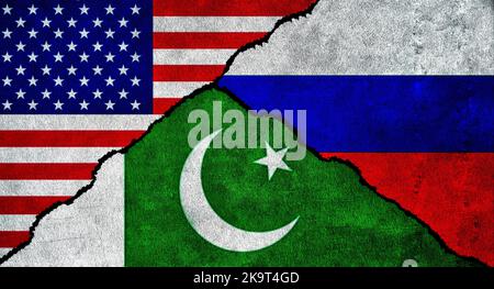 USA, Pakistan, and Russia flag together on a textured wall. Relations between Russia, Pakistan and United States of America Stock Photo