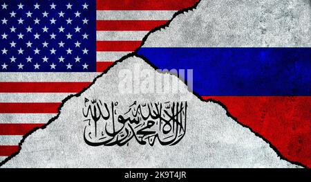 USA, Russia and Taliban flag together on a textured wall. Relations between Russia, Afghanistan and United States of America Stock Photo