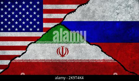 USA, Iran and Russia flag together on a textured wall. Relations between Russia, Iran and United States of America Stock Photo