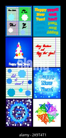 Set of 8 christmas and new year cards with different decorative elements. Stock Vector