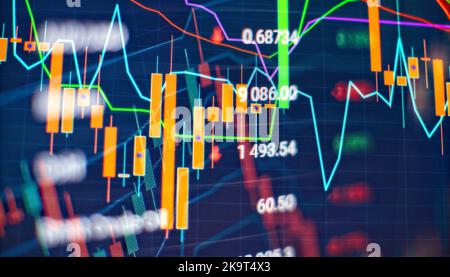 candlestick chart on blue theme screen, market volatility, up and down trend. Stock trading, crypto currency background. Stock Photo