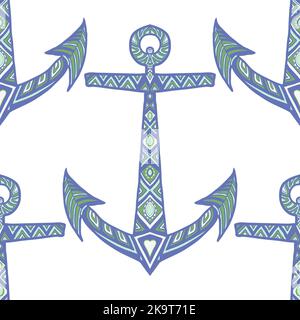 Seamless decorative pattern with ornate hand drawn anchors. Stock Vector