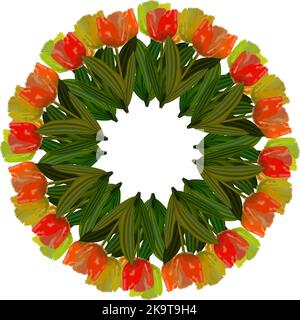 Bright wreath of spring tulip flowers and green leaves. Stock Vector