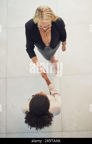 So glad you can join us today. High angle shot of two confident young businesswomen shaking hands in agreement while standing in the office during the Stock Photo