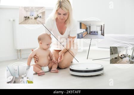 happy young woman using smart home application on smartphone and robot vacuum cleaning floor in background in the modern living room. Stock Photo