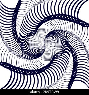 Abstract twisted black and white background. Optical illusion of distorted surface. Twisted stripes. Stylized 3d tunnel. Stock Vector