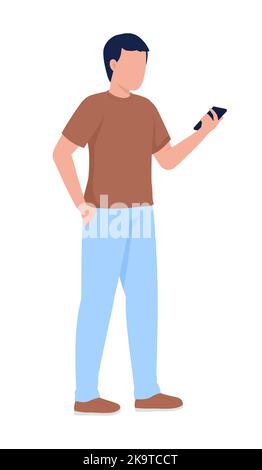 Man holding mobile phone semi flat color vector character Stock Vector