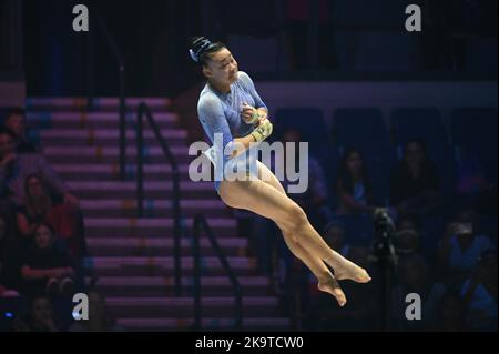Liverpool, UK. 30th Oct, 2022. Leanne Wong (USA) Vault during Artistic Gymnastics World Championships - Womenâ&#x80;&#x99;s Qualifications, Gymnastics in Liverpool, UK, October 30 2022 Credit: Independent Photo Agency/Alamy Live News Stock Photo