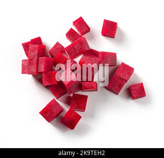 beetroot cubes isolated on white background, top view Stock Photo